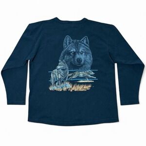 Vintage 90s Wilderness Wolf Nature Animal Henley Button Up Thermal Shirt Large